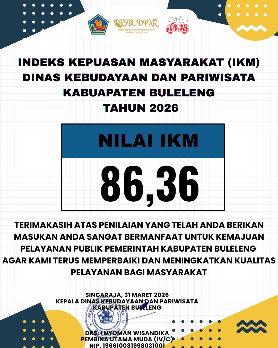 INDEKS KEPUASAN MASYARAKAT (IKM) DINAS KEBUDAYAAN DAN PARIWISATA KABUAPATEN BULELENG  TAHUN 2026